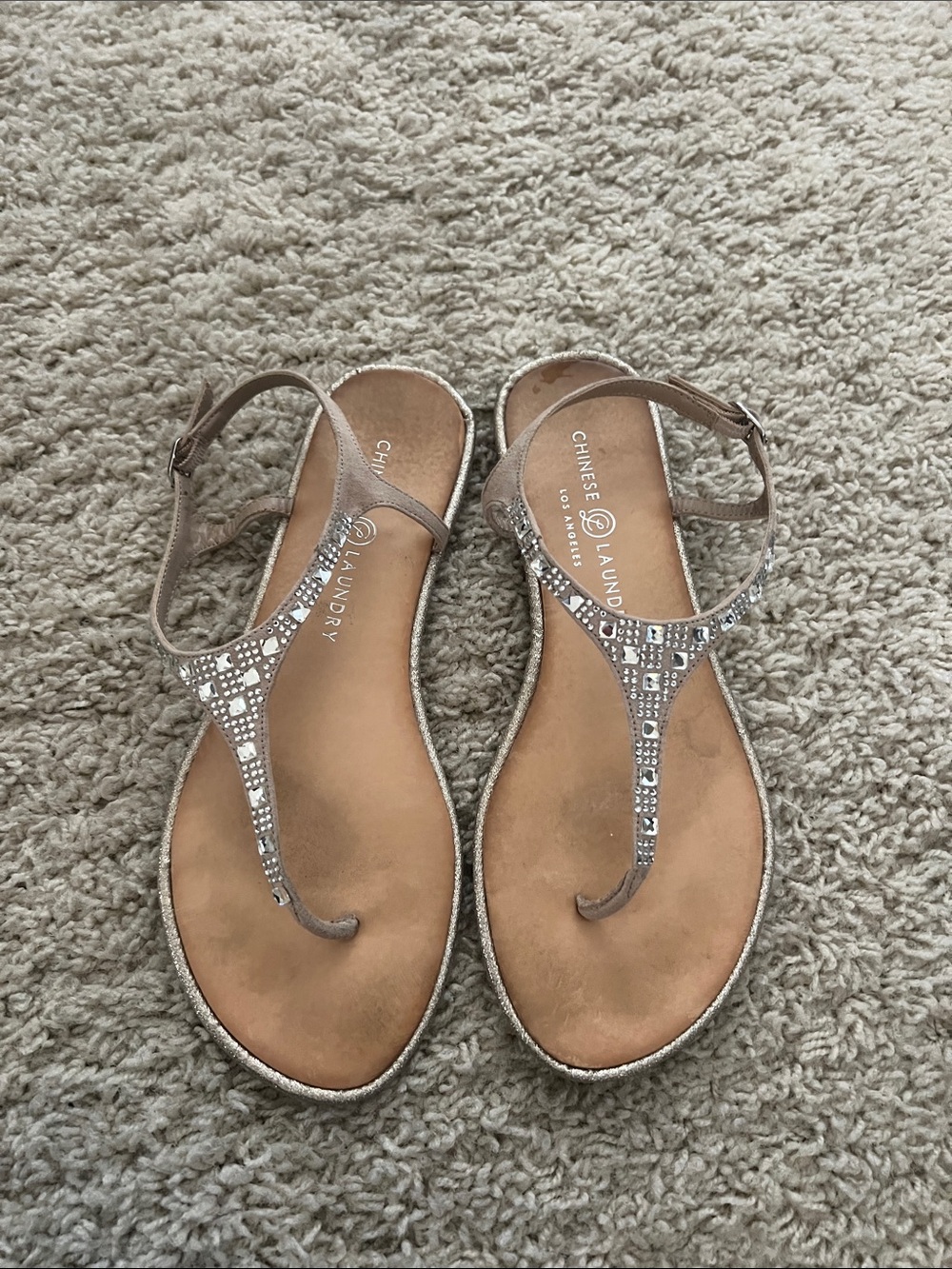 Chinese Laundry Taupe Rhinestone T-Strap Sandals